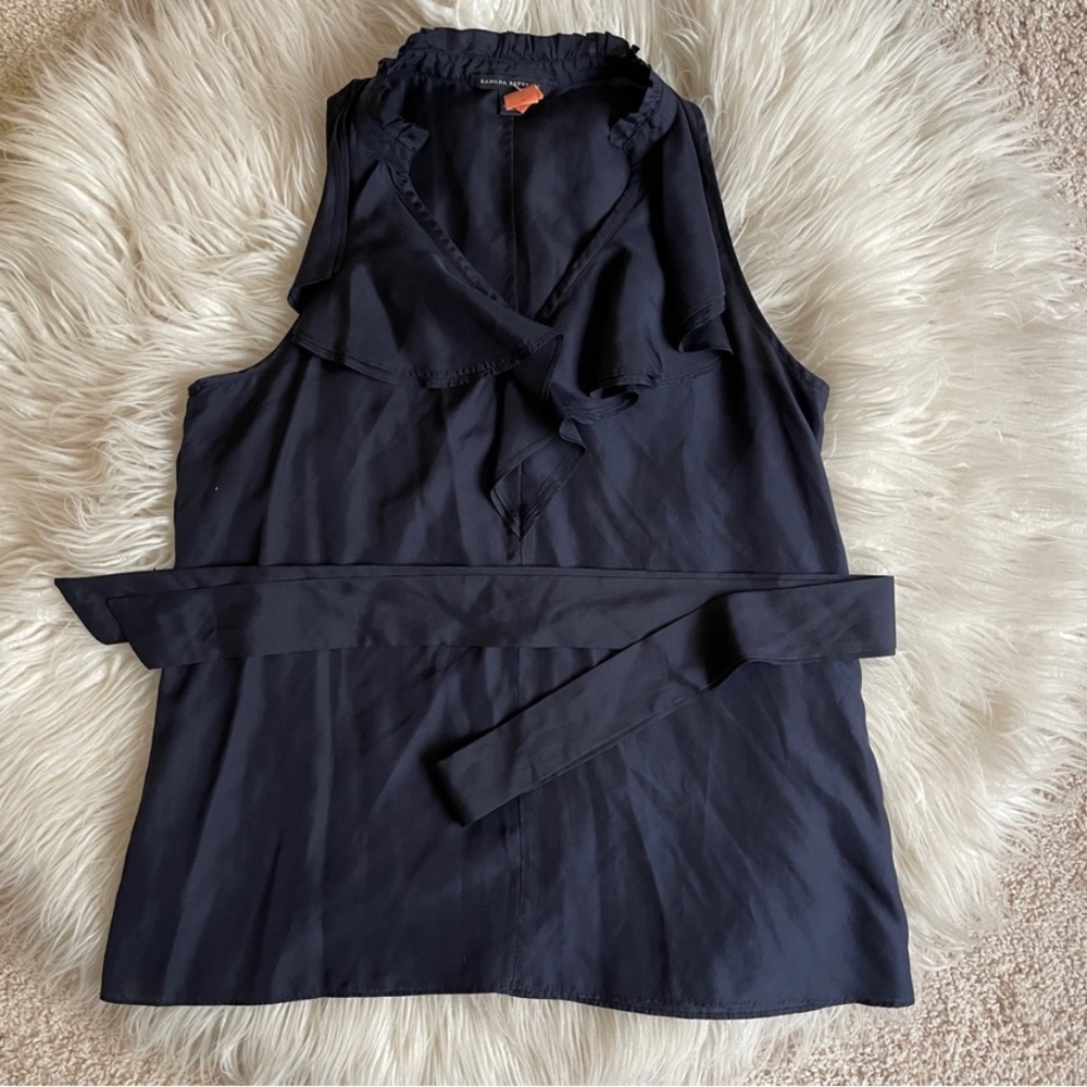Banana Republic Silk Navy Blue Sleeveless Ruffle Blouse